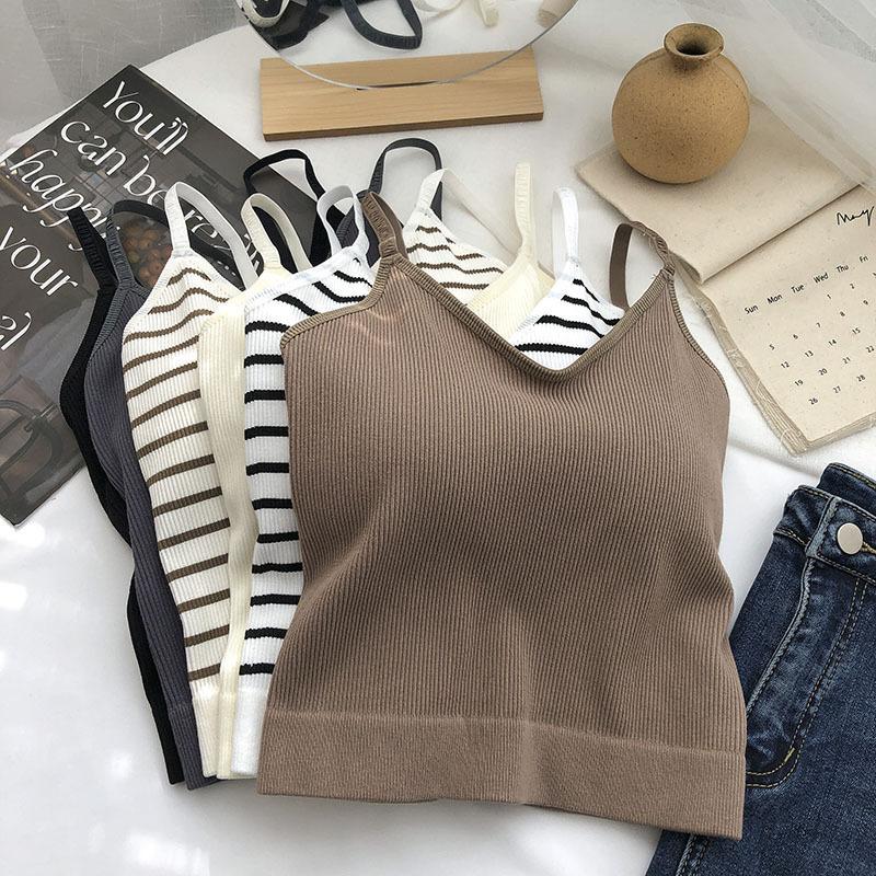 Striped Beautiful Back Small Camisole Vest Integrated Chest Pad Korean Style Hot Girl Inner and Outer Wear Bandeau Base Layer Top