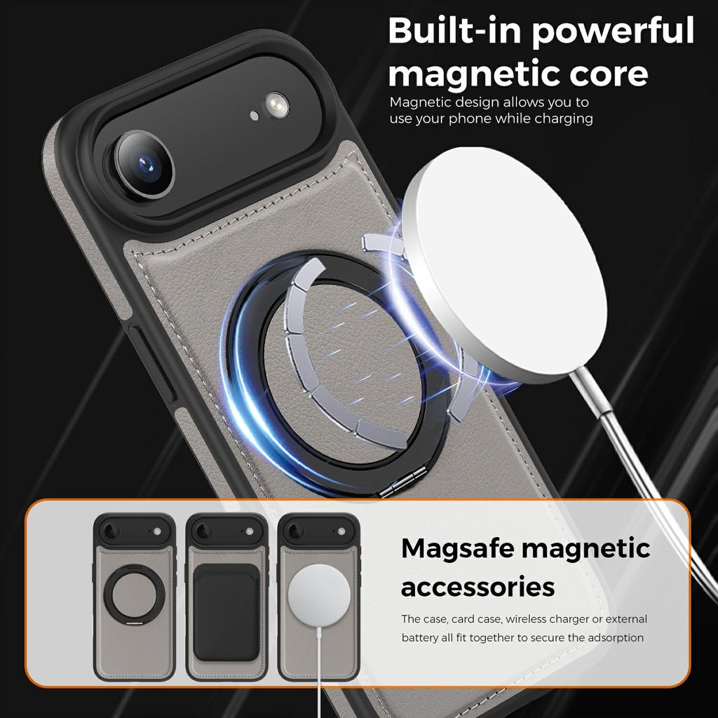 For iPhone Air Case with Ring Kickstand Compatible with MagSafe PU Leather Back Cover