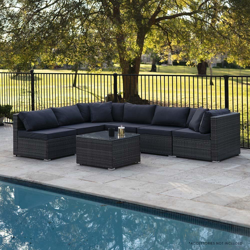 Patio Furniture Sets London Rattan 7 Piece 6 Seater Modular Outdoor Lounge Setting With Coffee Table Grey
