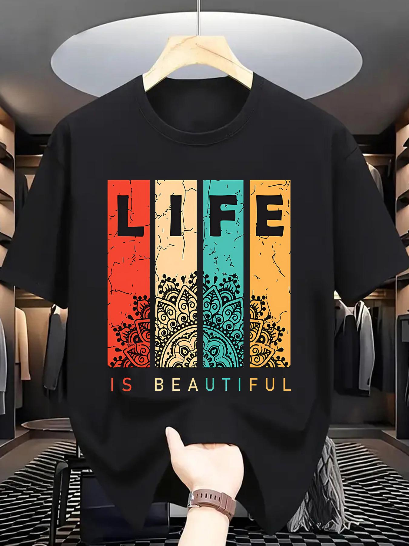 Summer fashion mens life print comfortable and breathable round neck Tshirt soft and breathable round neck Thsirt outdoor casu S
