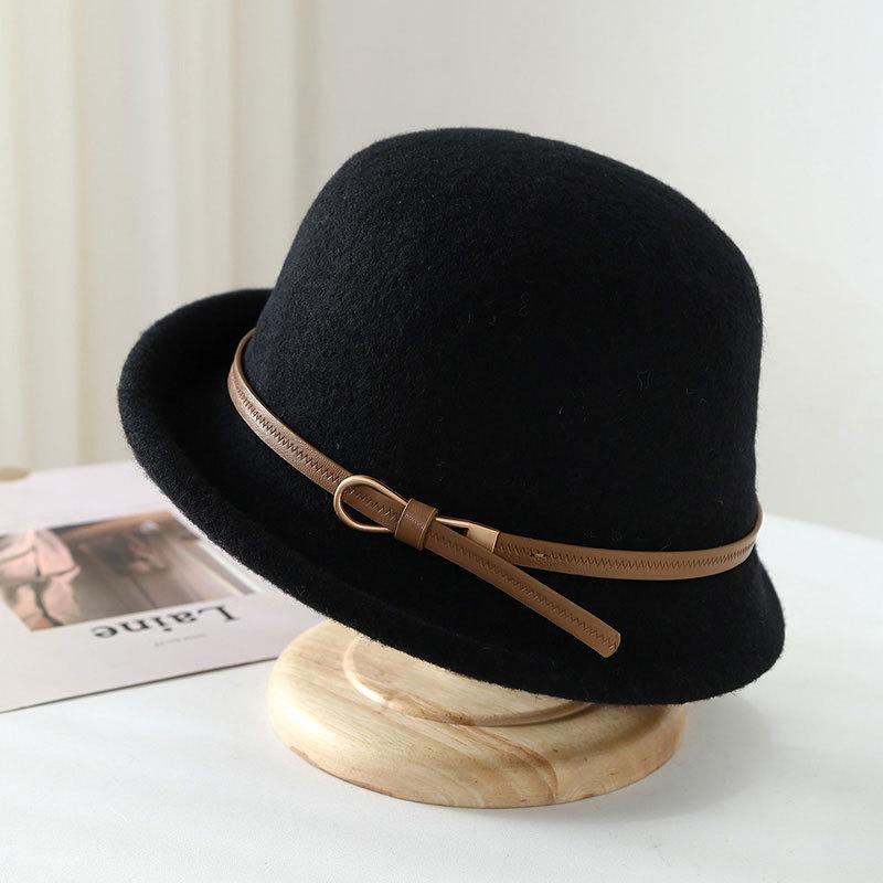 Wool Bucket Hat For Women - British Retro Fisherman Cap Curled Brim Round Top With Belt, Warm Winter Fashion  New