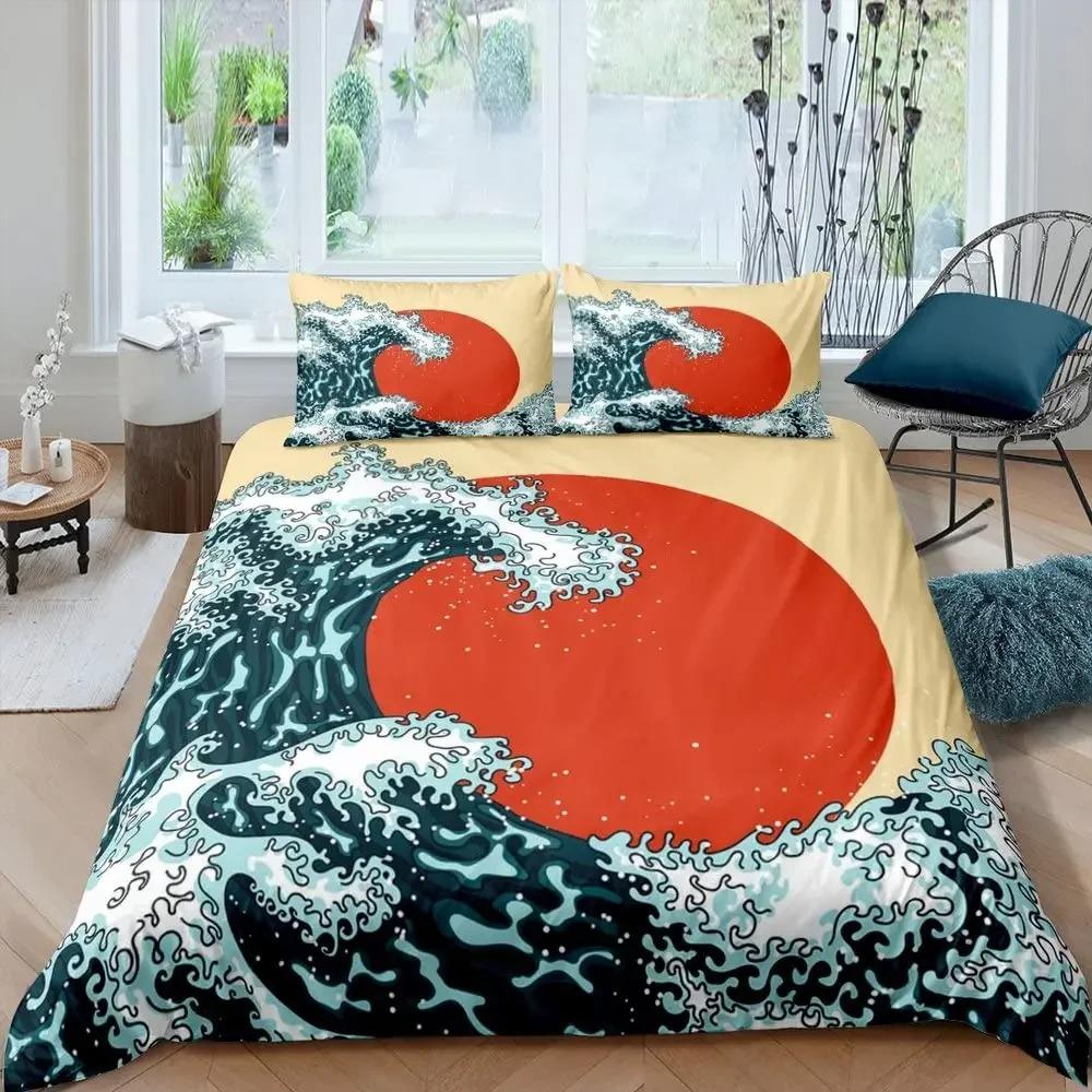 Ocean Wave King Queen Duvet Cover Red Sun Bedding Set Japanese Ukiyo-e Comforter Cover Exotic Navy Blue Polyester Quilt Cover