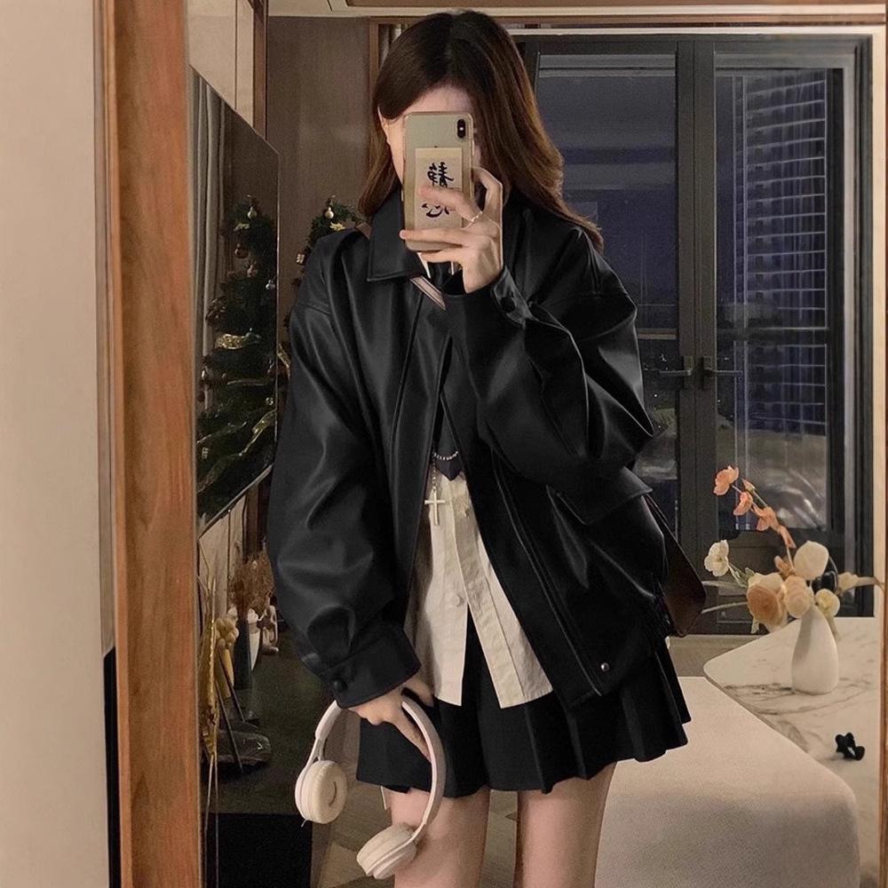 Maillard Women's Retro Brown PU Leather Motorcycle Jacket - Spring/Autumn Windproof Coat