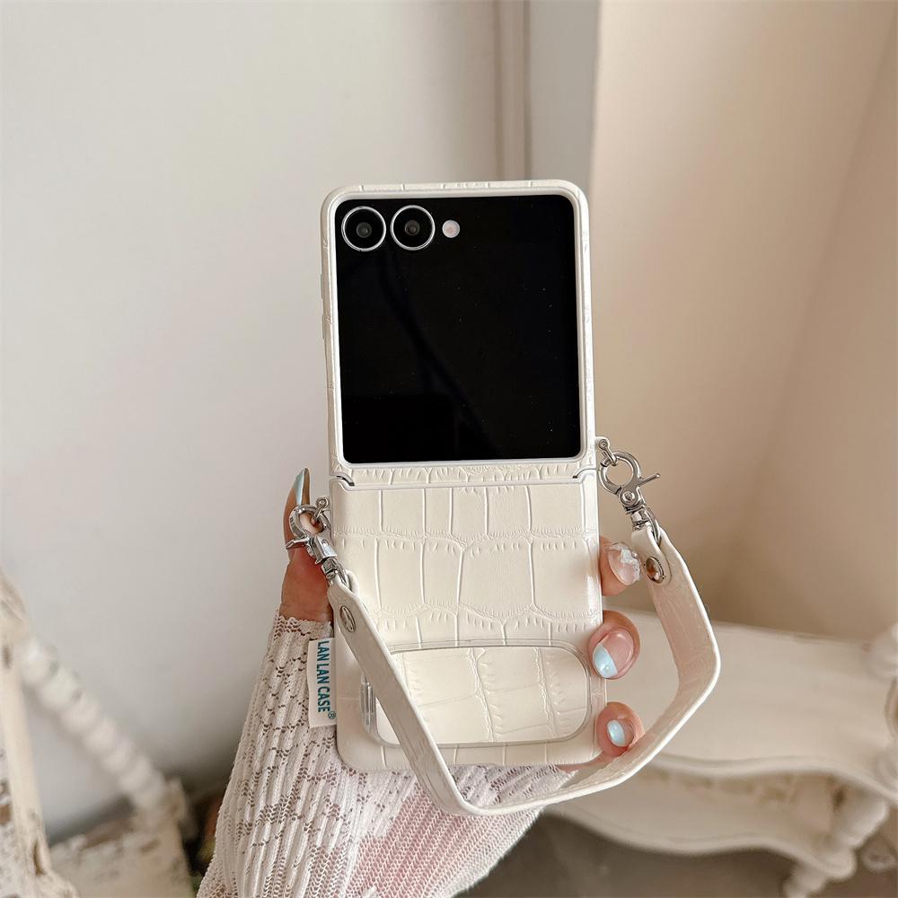 Pastel Crocodile Embossed PU Leather Mirror Bracket Phone Case for SamSung Galaxy Z Flip 8 7 6 5 Hand Wrist Strap Protect Cover
