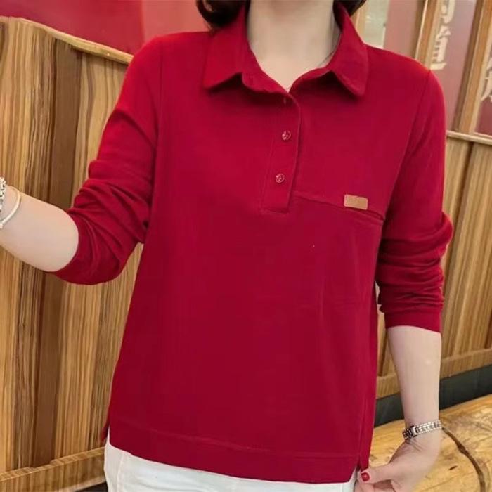 Women's Lapel Sweatshirt: Loose, Belly-Covering, Long-Sleeved Top for Mid-Aged Mothers, Perfect for Spring and Autumn Casual Wear.