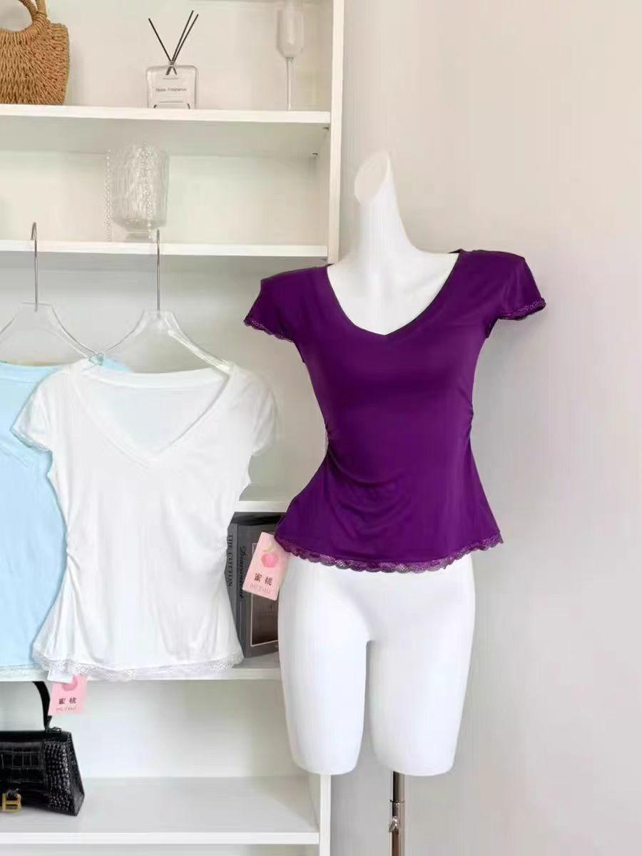 

Pure lace V-neck short-sleeved T-shirt for women s summer waist and thin versatile top fashion ins tide s (recommended within 50kg ) фиолетовый