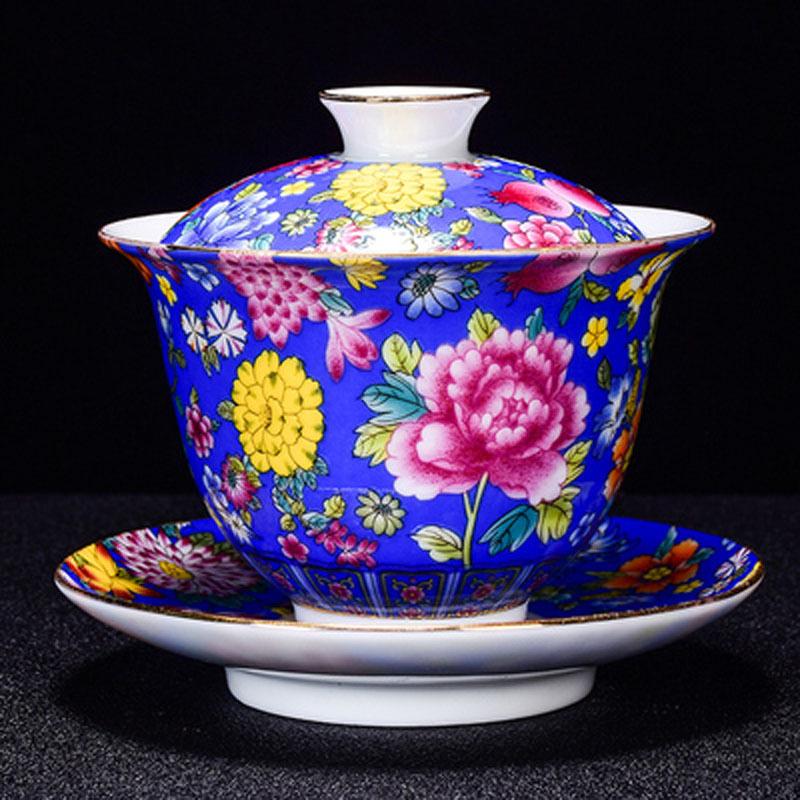 Large Ceramic Teapot Set with Hand Painted Flowers Home Tea Brewing Kungfu Tea Kit with Handle