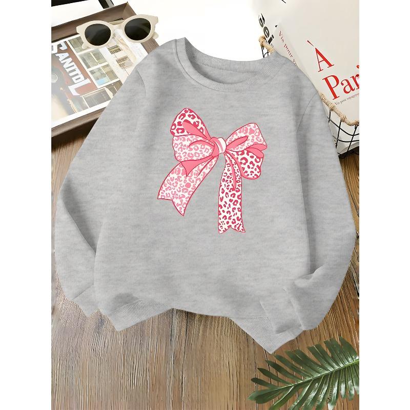 Kids Unisex Pink Crewneck Sweatshirt, Pink Leopard Print Bow Graphic Print Long Sleeve Pullover, Soft Sweatshirt for Boys Girls Over 4 Years Old
