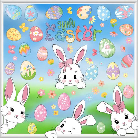 6 Sheets Easter Bunny Window Cling Removable Waterproof PVC Flower Colorful Egg Rabbit Static Glass Sticker Spring Easter Holiday Decoration Decal