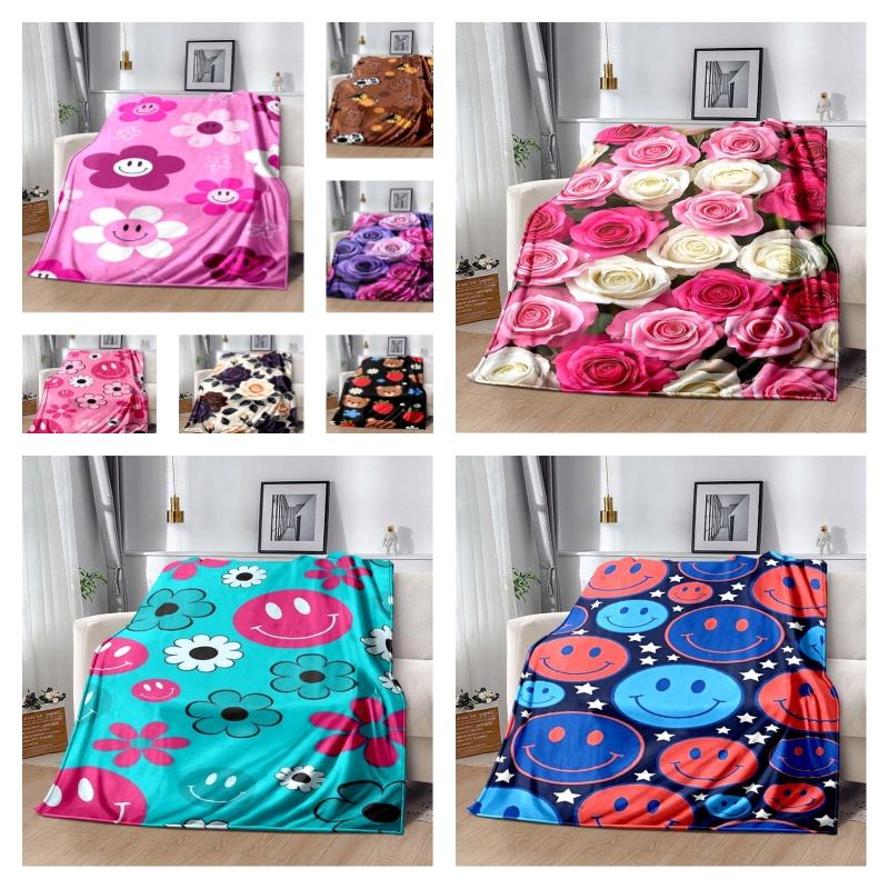 Pink Smile Face & Flower Print Flannel Blanket, Soft Cozy Warm Throw for Bed Sofa Couch, Lightweight All Season Plush Cover