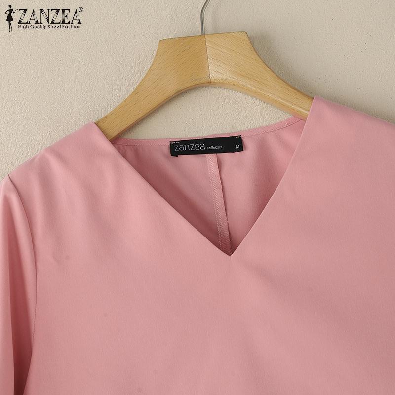 ZANZEA Women Casual V-Neck Solid Color Loose 3/4 Sleeve Blouse