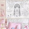 Japanese Anime Angel Girls Tapestry Kawaii Line Art Wall Hanging Ins Style Bedroom Dorm Decor Aesthetic Cute Background Cloth