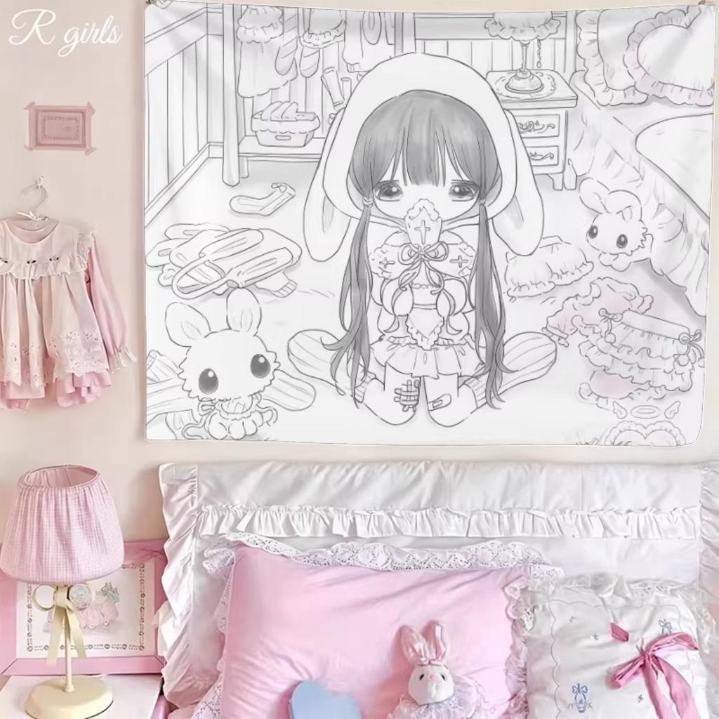 Japanese Anime Angel Girls Tapestry Kawaii Line Art Wall Hanging Ins Style Bedroom Dorm Decor Aesthetic Cute Background Cloth