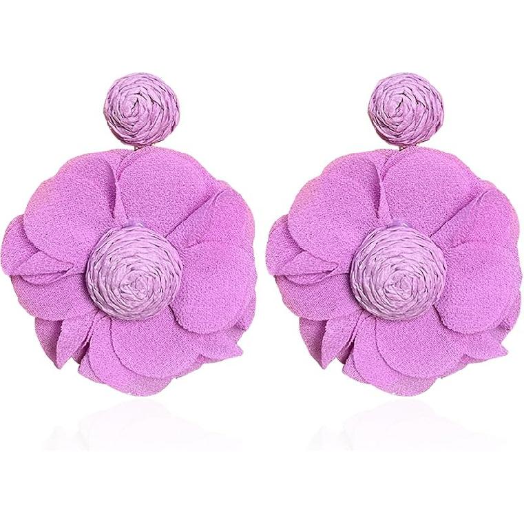 Rattan Earrings Summer Boho Handwoven Big Fabric Chiffon Rattan Flower Drop Earrings Statement Tropical Beach Vacation Jewelry