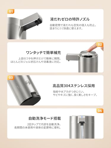 SUNLY Automatic Soap Dispenser, Compatible with Liquid Detergent and Dishwashing Detergent, 3-Level Dispensing, High-Sensitivity Sensor, Quiet Design,