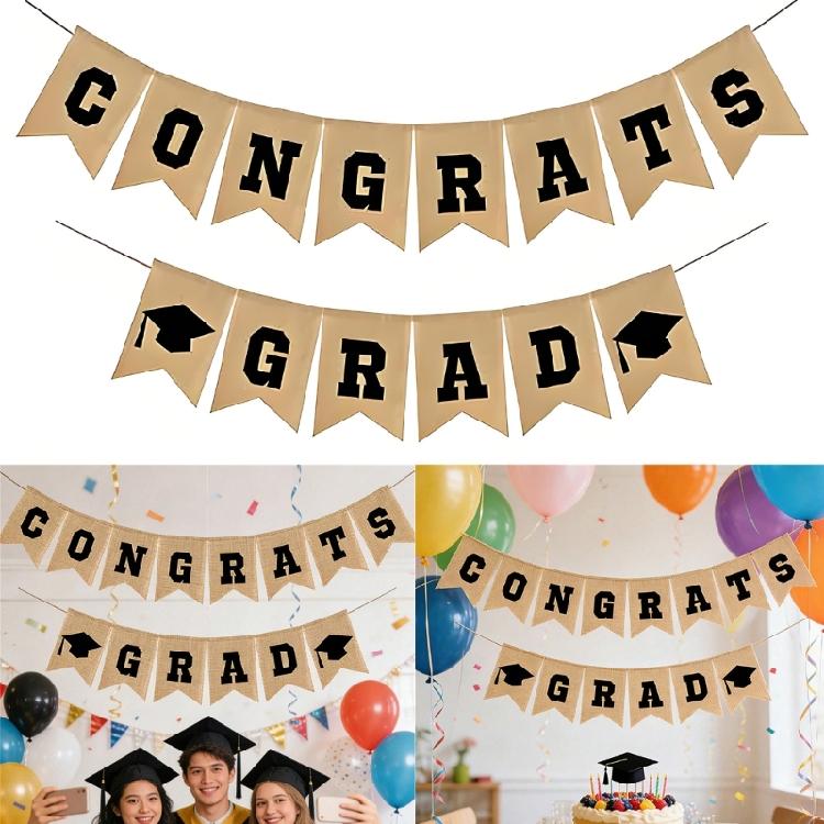 Stylish Graduation Themed Banners Hanging Ornament Linen Fabric Bunting For Party Backdrops Indoor and Outdoor Use