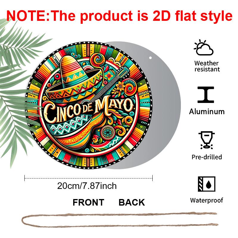2D Flat, 1pc Round Aluminum Hanging Sign, Cinco De Mayo Sombrero & Guitar Mexican Folk Art Design, Vibrant Fiesta Metal Sign, Perfect for Taco Bar