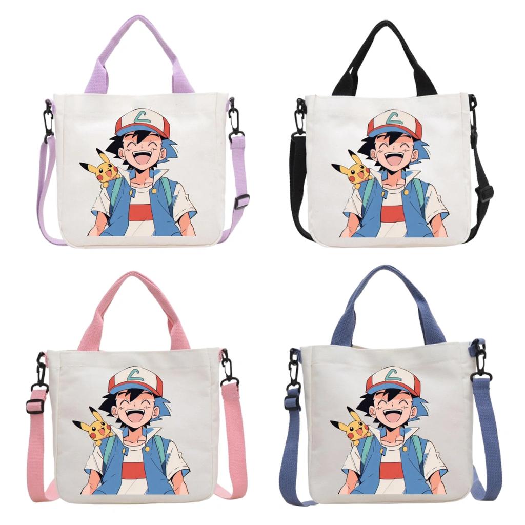 Pokemon Canvas Crossbody Bag Pikachu Cartoon Pattern Print Handbag Fashion Portable Large Capacity Travel Shopping Storage Kid Friendly Entertaining