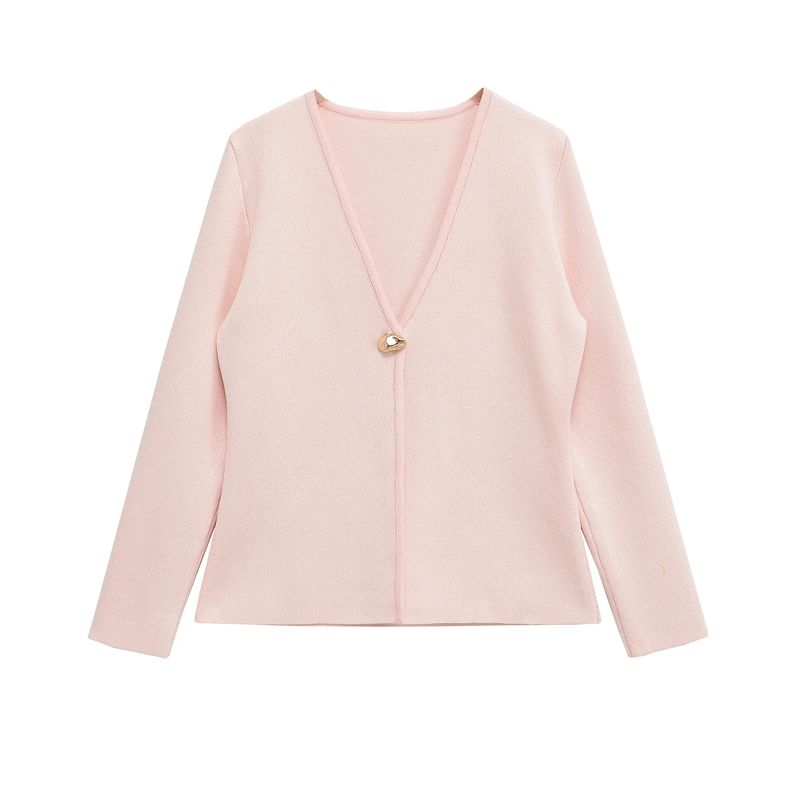 Spring New Women's Clothing French Minority Casual Minimalist Easiest for Match V Neck Long Sleeve Knitted Coat 4192005