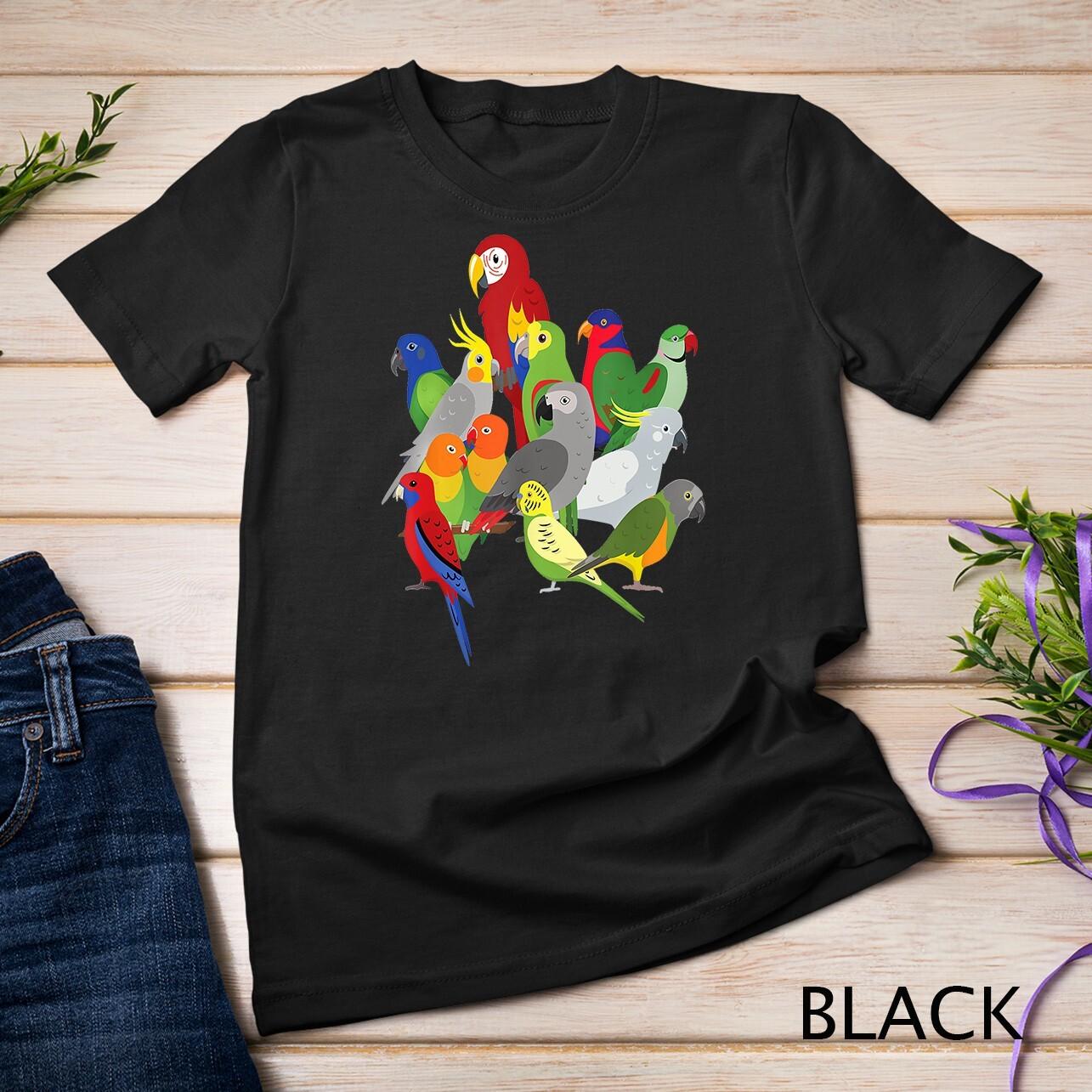 Parrot Flock - Macaw, Cockatoo, African Grey, and Budgie T-Shirt Mens Womens Tees Top Unisex T-Shirt Mens Womens Tees Top S