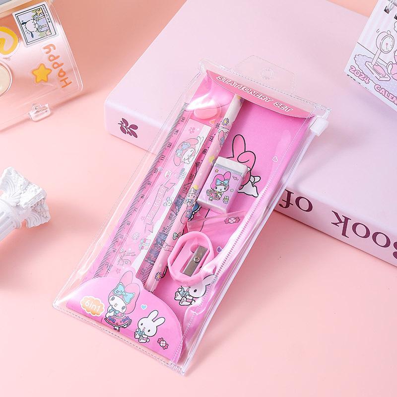 Cartoon 5 In 1 Sanrio Stationery Set Anime Kuromi My Melody Cinnamoroll with Ruler Pencil Eraser Students School Supplies Gifts