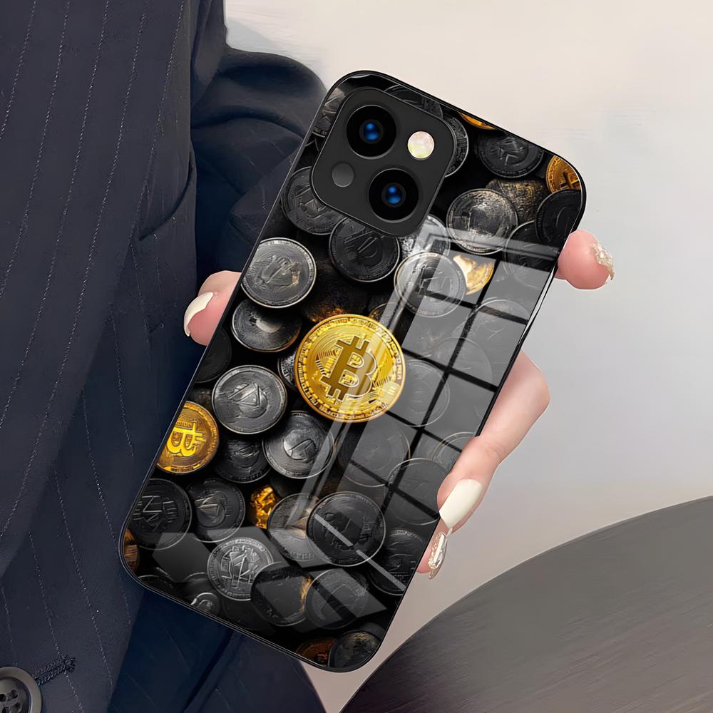 Luksusowe Etui na Telefon Bitcoin Dla IPhone 17 Pro Max 15 Pro 16 14 Plus 12 13 Mini 11 Pro Odporne na Wstrząsy Szklane Pokrowce