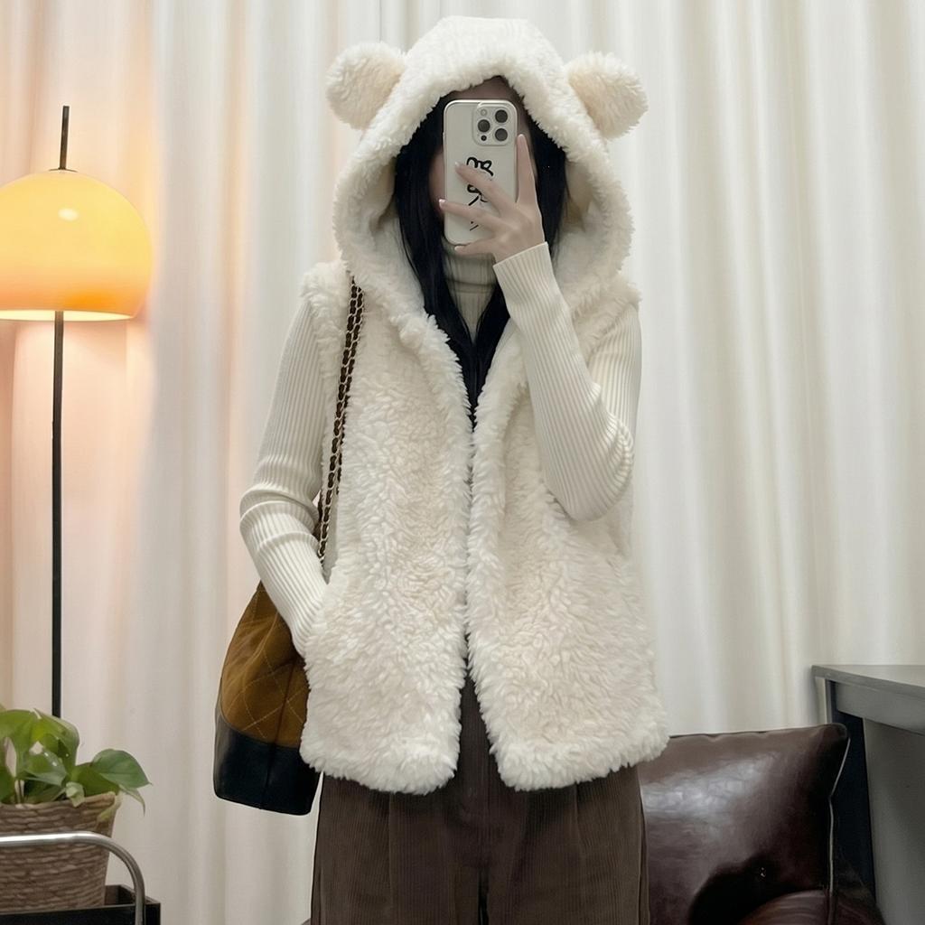 Retro Coffee Imitation Lamb Wool Hooded Granular Plush Vest Jacket Women's Autumn and Winter New Fashion Warm Top