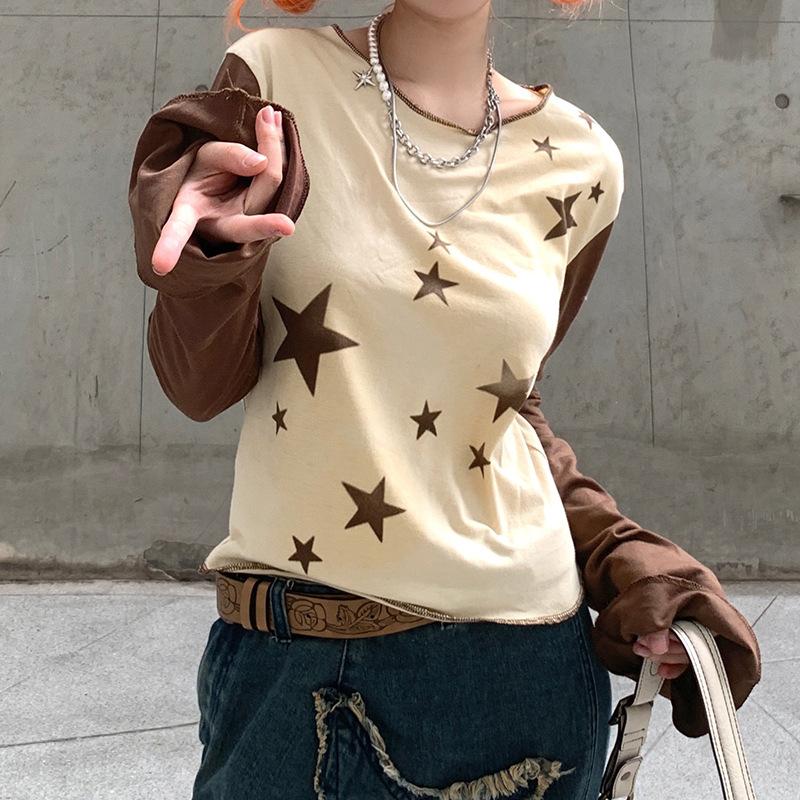 Harajuku styl reverzní auto límec kontrastní barva třpytivý hvězdný potisk tričko s personalizovaným a všestranným mikro rozšířeným topem s dlouhým rukávem