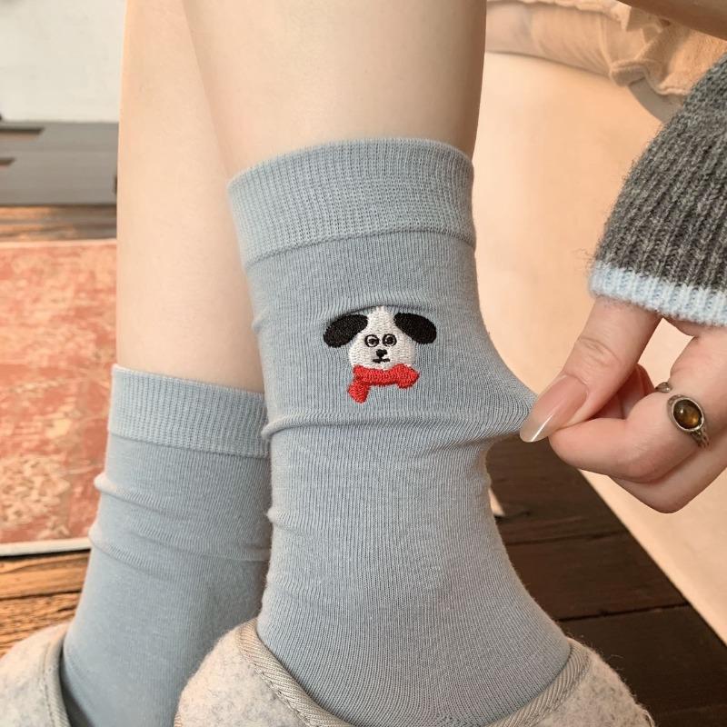 Little Dog Embroidery Gray-blue Series Socks, Women's Mid-calf Socks, Versatile Cotton Socks, Boneless Cartoon Cute Pile Socks