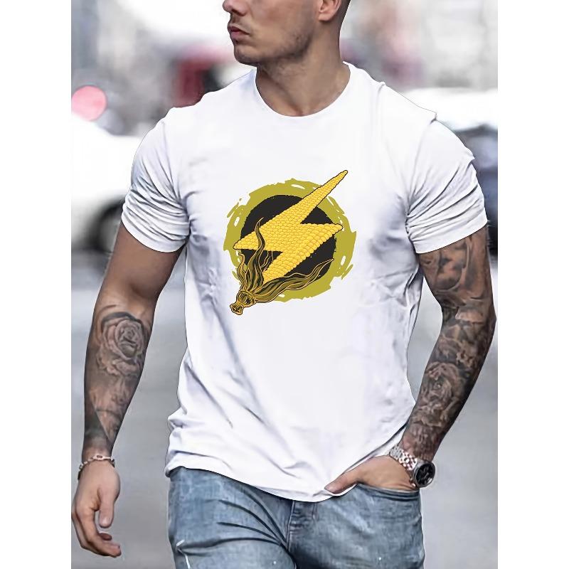 European sizes Men's Corn Lightning Graphic Tee - Casual Round Neck Short Sleeve T-Shirt, Breathable, All-Season Wear