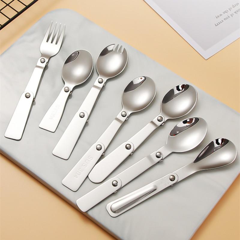 Stainless Steel Folding Spoon Outdoor Camping Picnic Fork Spoon Multifunctional Portable Mini Fork Spoon Camping Equipment Tools