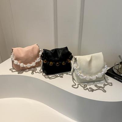 New Chinese Style Pleated Cloud Bag for Women New Fashion Solid Color One-shoulder Crossbody Bag Chinese Style Beaded Bucket Bag