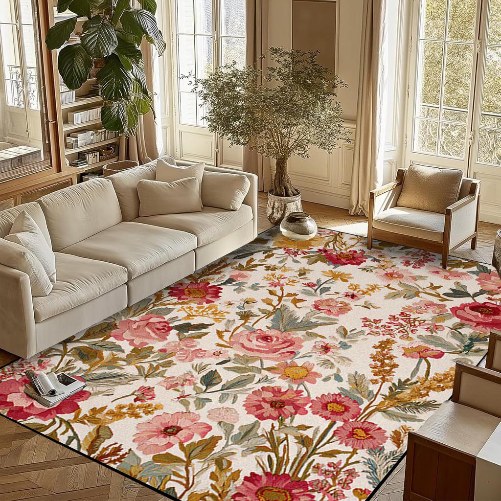 Retro Flower Living Room Carpet Non-slip Machine Washable Soft Floor Mat Nordic Style Plant Rugs Large Size Home Decoration Mats