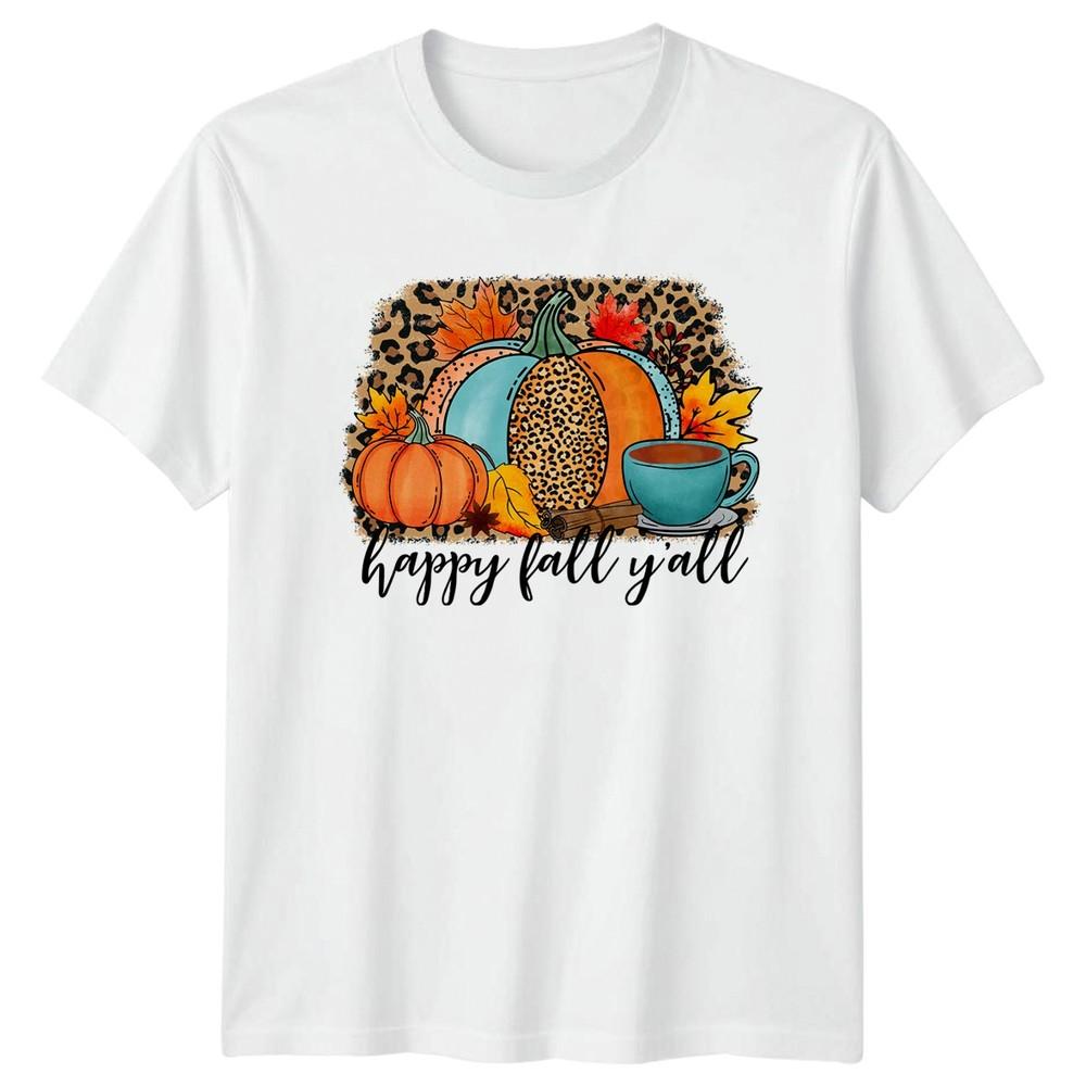 Happy Fall Yall Unisexs TShirt Leopard Pumpkin Seasonal Thanksgiving S