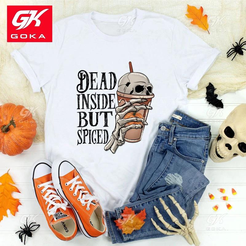 Premium Cotton T Shirt Fashion Halloween Dead Inside But Spiced Print Hip Hop Short Sleeve Women Cool Casual Outdoor T Shirts S