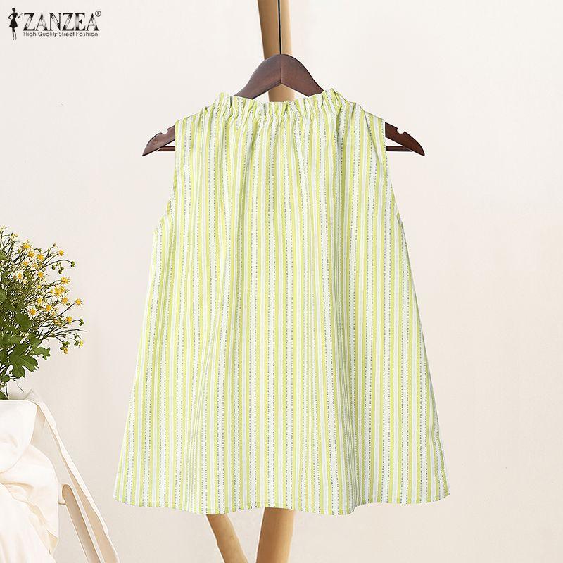 ZANZEA Women V Neck Sleeveless Pleated Striped Lace Hem Casual Tank Tops