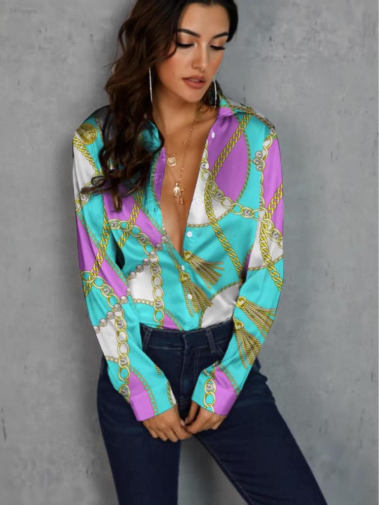 Women's Trendy Long-Sleeve Digital Print Button-Down Shirt