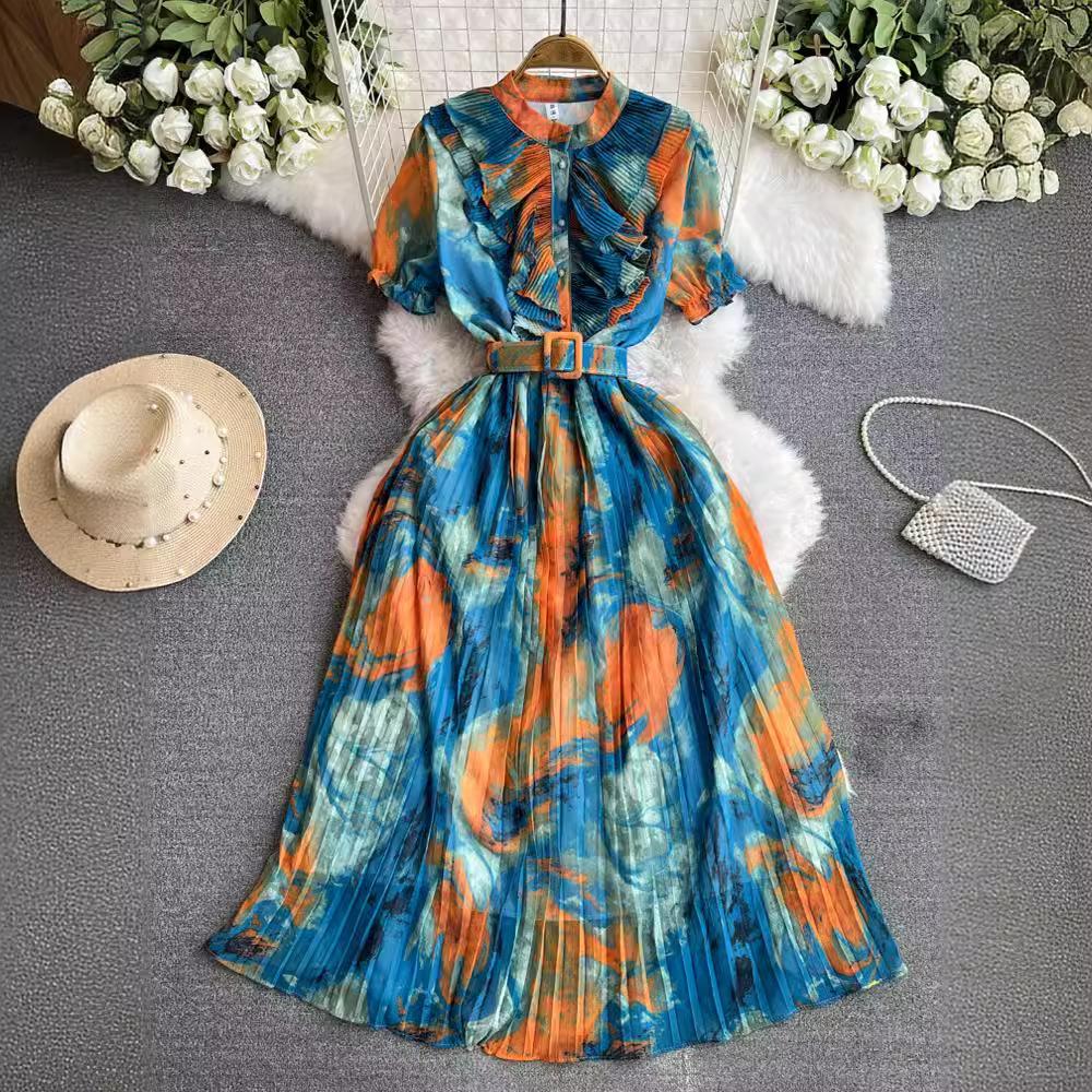 Holiday style French floral smudge dress women's summer new lace-up waist thin elegant pleated chiffon skirt