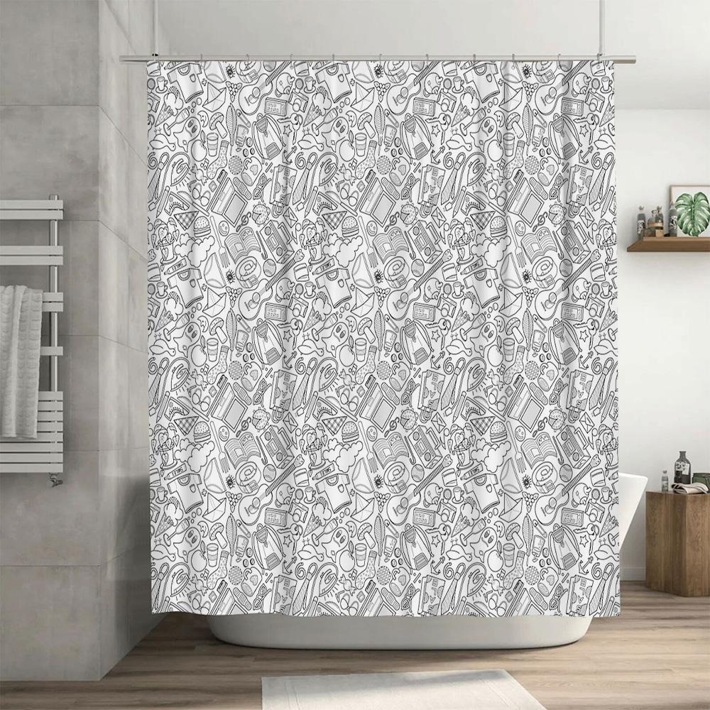Boho Shower Curtain Cute Sketch Pattern Bathroom Decor Artistic Washable Fabric Liner Waterproof Modern Home Textile Hippie Wall