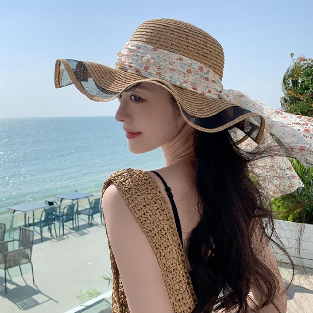 Pearl Wide Brim Sun Hat Bowknot Fisherman Sunshade Cap Fashion Lace Streamers Straw Hat Spring