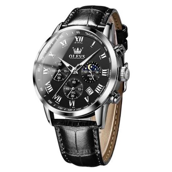 OLEVS Watch Men Black Stylish Waterproof Luminous Analog Quartz Business Wristwatch Popular Fashion Roman Numerals Easy Read Stopwatch Date Casual