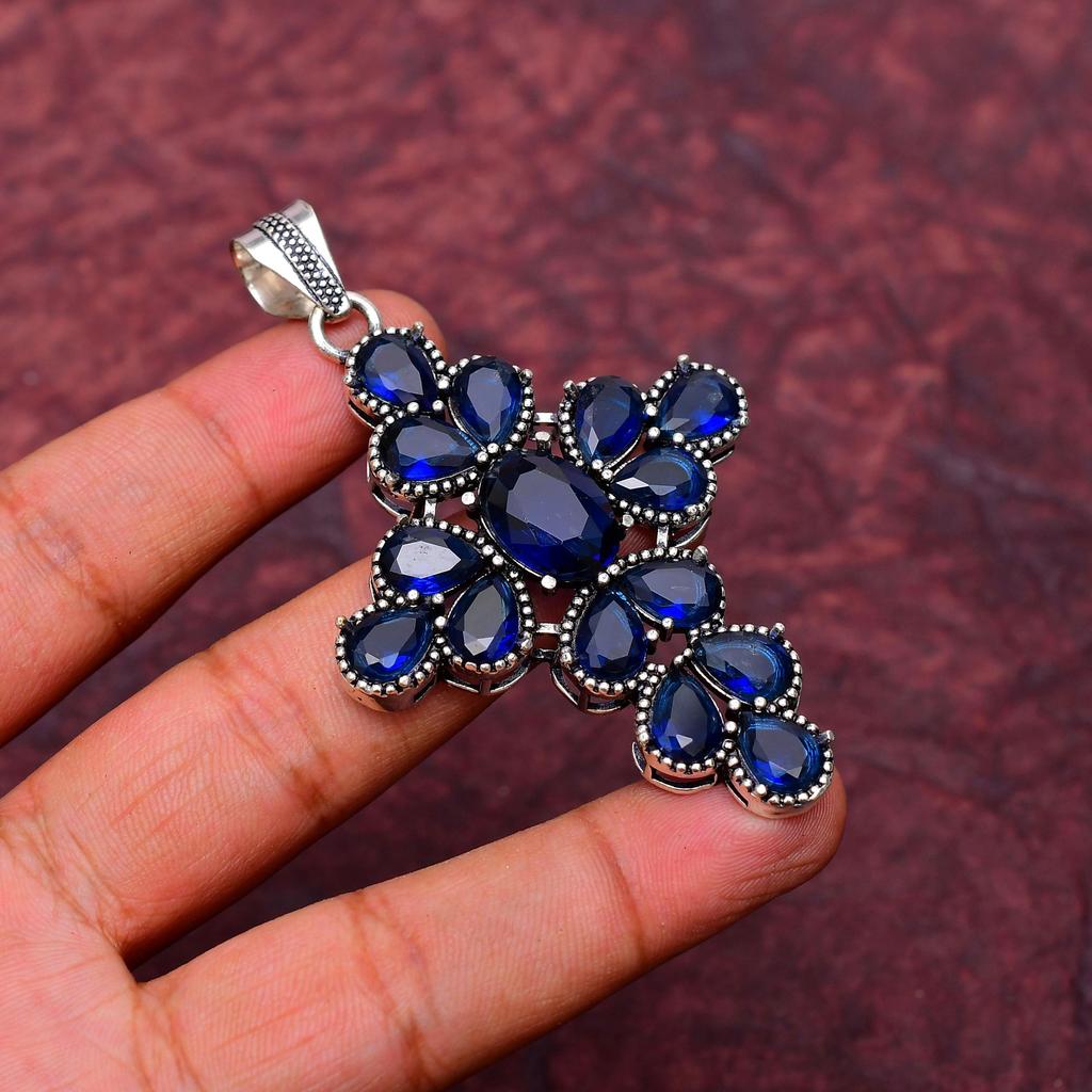 Blue Sapphire Gemstone Cross Shape Pendant : 925 Sterling Silver Handmade Jewelry Pendant