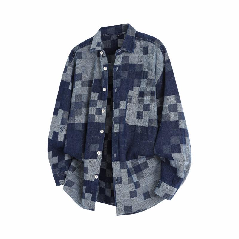 Versatile Coat Minimalist Plaid Men's Long-sleeved Shirt 2026 Autumn Denim Lapel Loose Men's Casual Jacket Jacket Men's Breathable Work Casual Jacket