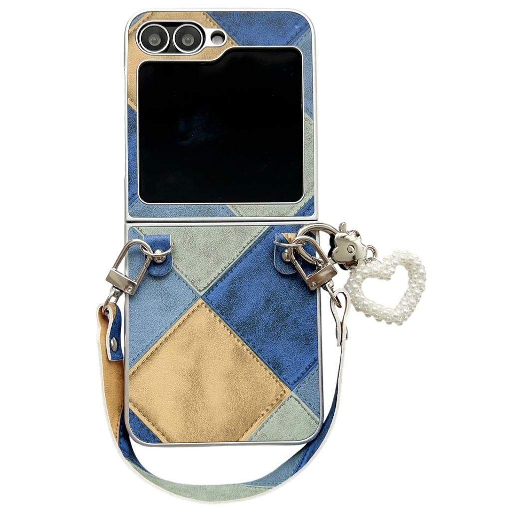 For Samsung Galaxy Z Flip7 FE 5G/Z Flip6 5G Case Retro Rhombus PU + PC Phone Cover with Love Pendant and Strap