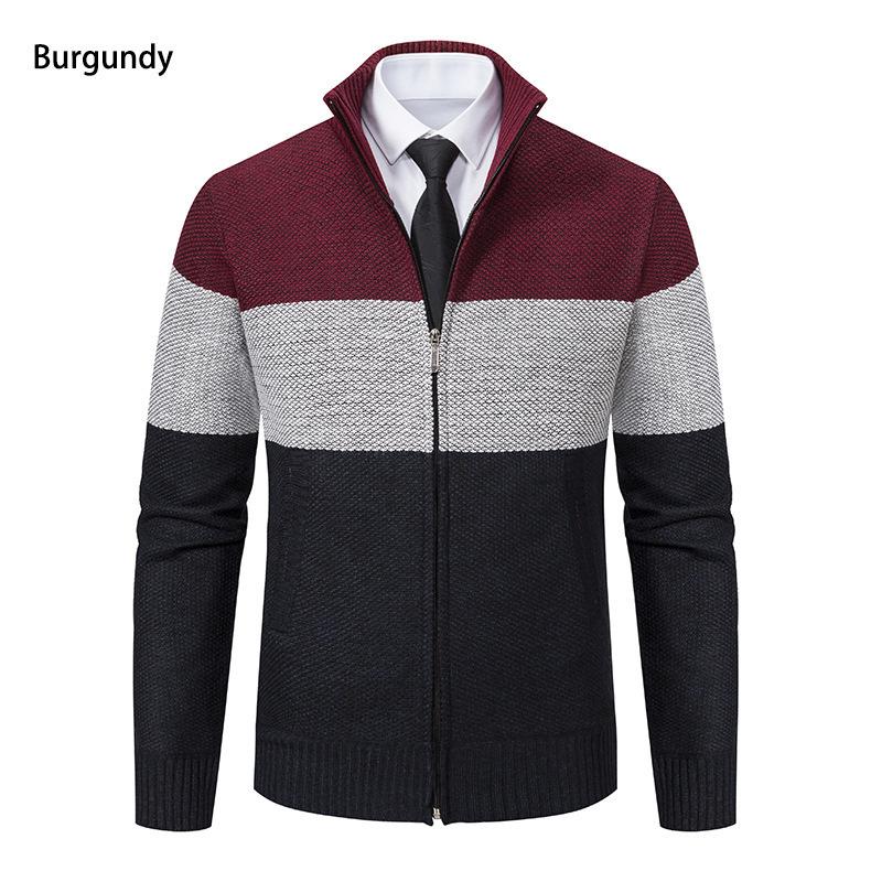 Men's Color Block Velvet-Lined Knit Cardigan with Stand Collar for Fall/Winter