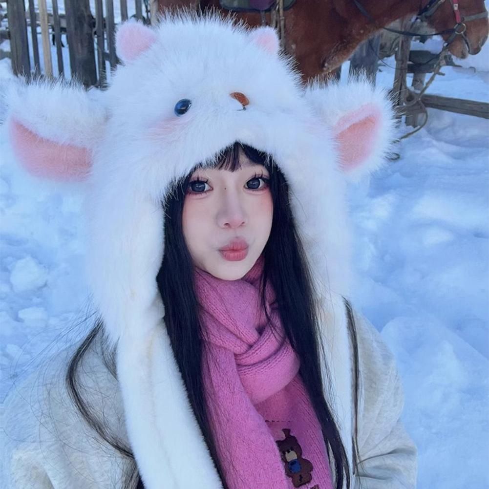 Fluffy Plush Ear Moving Jumping Hat, Cute Cartoon Anime Sheep Jumping Ear Beanie Hats for Women Girls Thickened Earflap Snow Hat