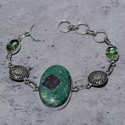 Ruby Fuchsite, Tsavorite Lab-Created 925 Sterling Silver Bracelet 7-8" J0K64