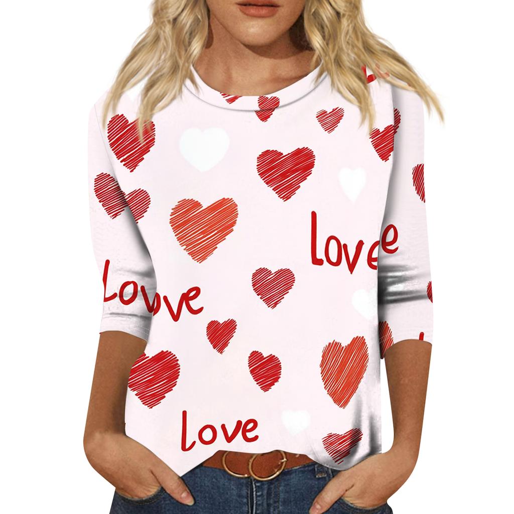 Women's Fashionable Casual Three-quarter Sleeve Valentine's Day Printed Round Neck Top