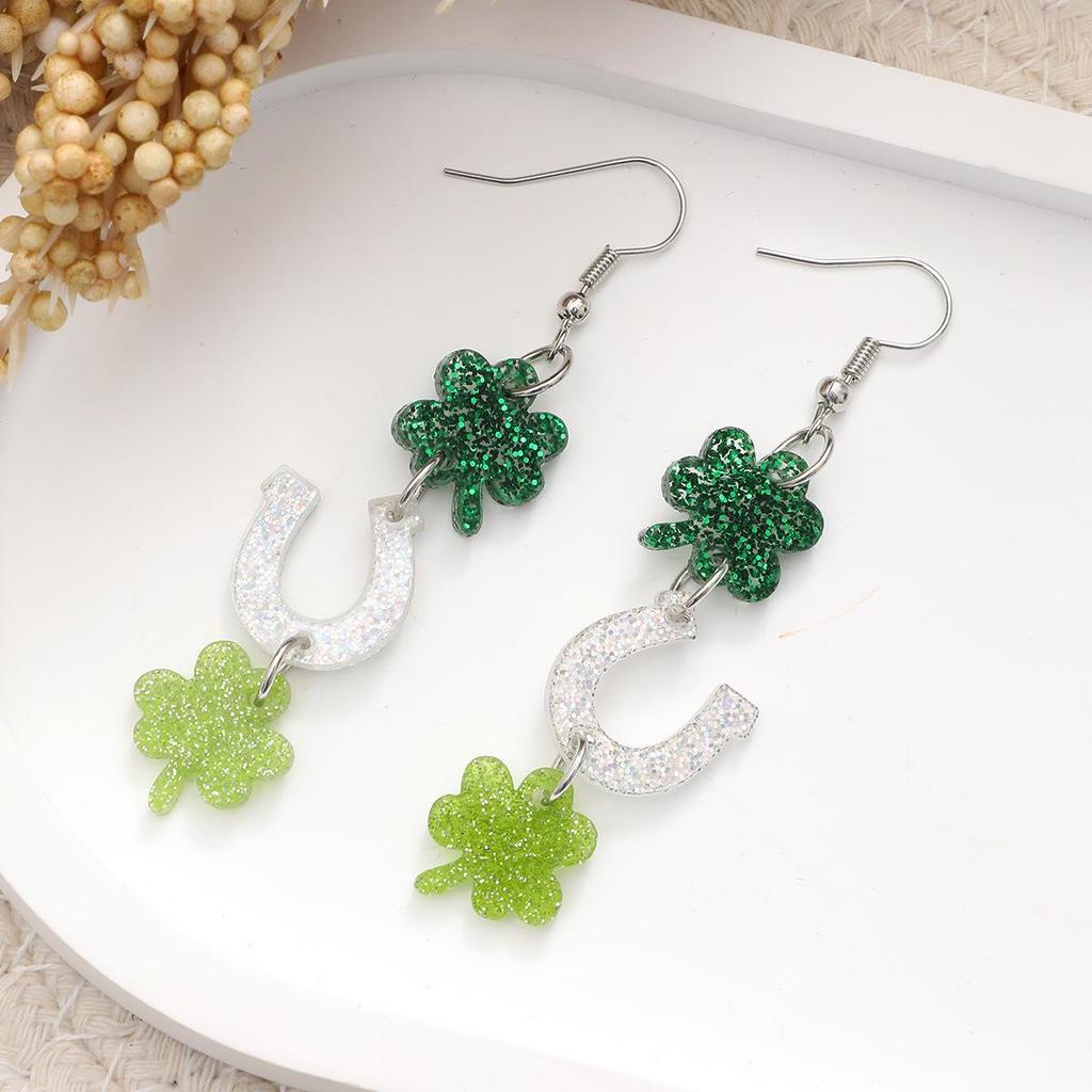 St. Patrick's Day Green Shamrock Horseshoe Sequin Earrings