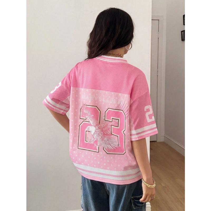 Women's Summer Pink Number Print Casual Mesh Breathable T-shirt V Neck Sport Jersey Hip Hop Vintage  Fashion Streetwear